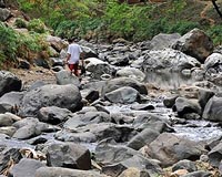 A man walks along the almost-dry riverbed of the Cali River, in Cali, department of Valle del Cauca, Colombia, on September 11, 2009. The rivers that supply water to the inhabitants of Cali are in their lowest levels in history, due to the intense heat, consequence of El Niño. More than 460 lives claimed by famine since the start of the year in Guatemala, sweltering temperatures in Peru and more than 140 forest fires in Colombia are evidence of the region's worst drought in 70 years. Photo courtesy AFP.