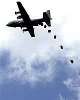 A US military plane makes an air drop of relief supplies 09 December 2006 over Kenyas flooded Daddab refugee complex in north eastern Kenya where upto 160,000 refugees have been displaced by floods. New efforts are underway to reach about 100,000 Somali refugees in three camps cut-off by severe flooding in north easdtern Kenya with a US military plane making the first of fifteen air-drops of relief supplies. Photo courtesy AFP